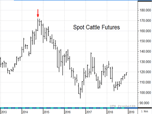 In October 2014, DTN Livestock Analyst John Harrington warned that the bull market party in cattle was running out of time -- a call that not only proved remarkably timely, but also reminded us about the dangers of getting carried away by the lure of good times and high prices. (DTN ProphetX chart)